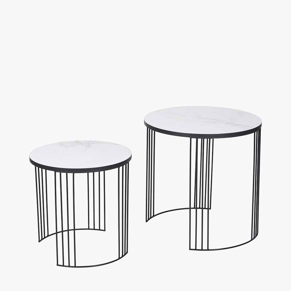 Atri Set of 2 White Marble Veneer and Black Metal Side Tables