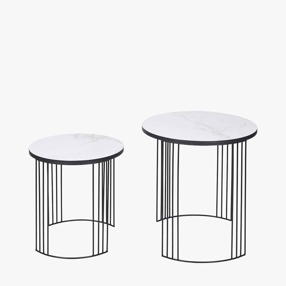 Atri Set of 2 White Marble Veneer and Black Metal Side Tables
