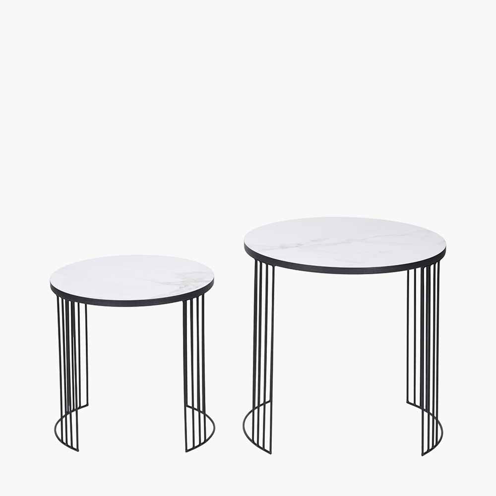 Atri Set of 2 White Marble Veneer and Black Metal Side Tables