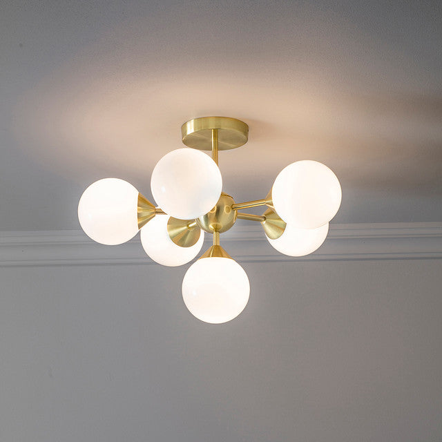 Oscar 6 Light Semi-Flush Ceiling Light- Brushed Brass and Opal Glass Finish