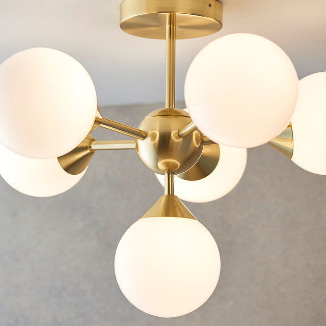 Oscar 6 Light Semi-Flush Ceiling Light- Brushed Brass and Opal Glass Finish