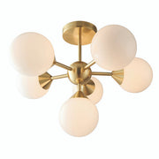 Oscar 6 Light Semi-Flush Ceiling Light- Brushed Brass and Opal Glass Finish