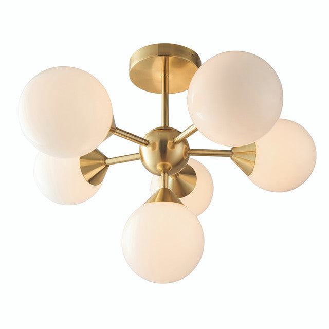 Oscar 6 Light Semi-Flush Ceiling Light- Brushed Brass and Opal Glass Finish