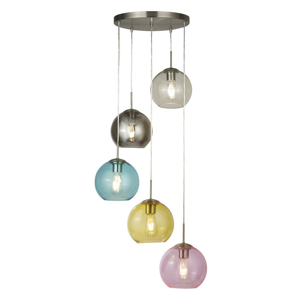 Mardi Gras 5Lt Pendant - Satin Silver Metal & Coloured Glass E27