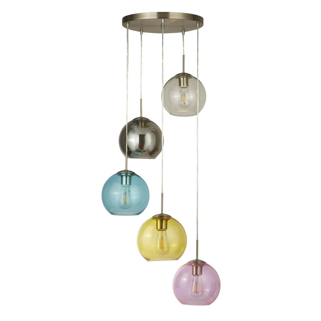 Mardi Gras 5Lt Pendant - Satin Silver Metal & Coloured Glass E27