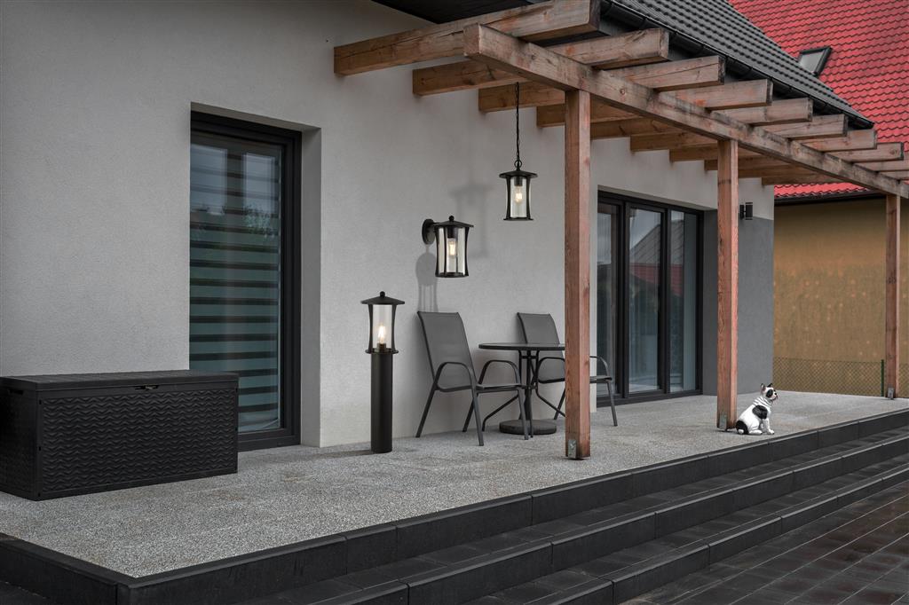 PAGODA OUTDOOR WALL LIGHT- BLACK METAL & CLEAR GLASS