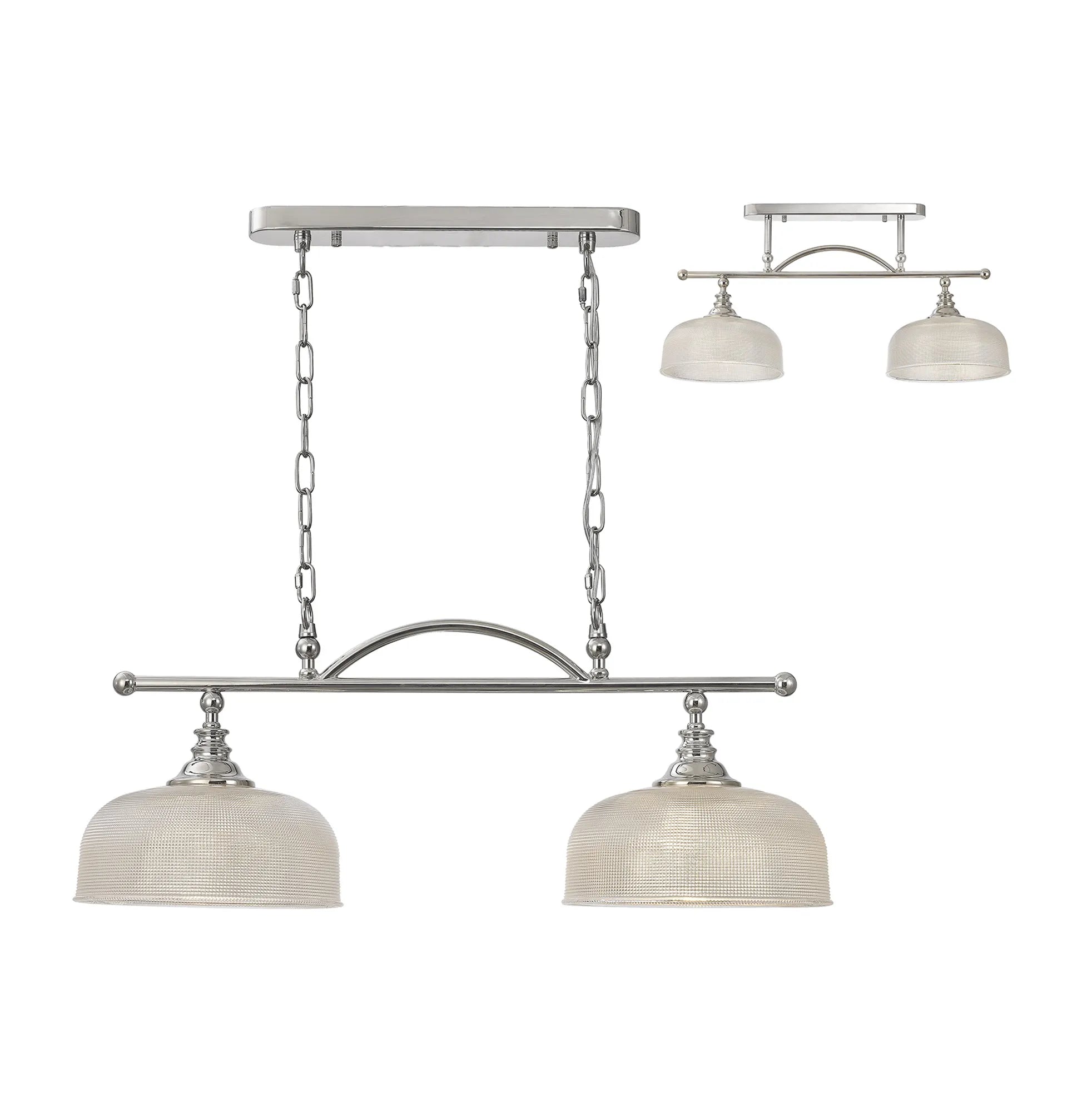 Cleron Semi Flush / Kitchen Light, 2/3 Light Adjustable E27, Satin Nickel, Polished Nickel, Antique Brass / Prismatic Glass