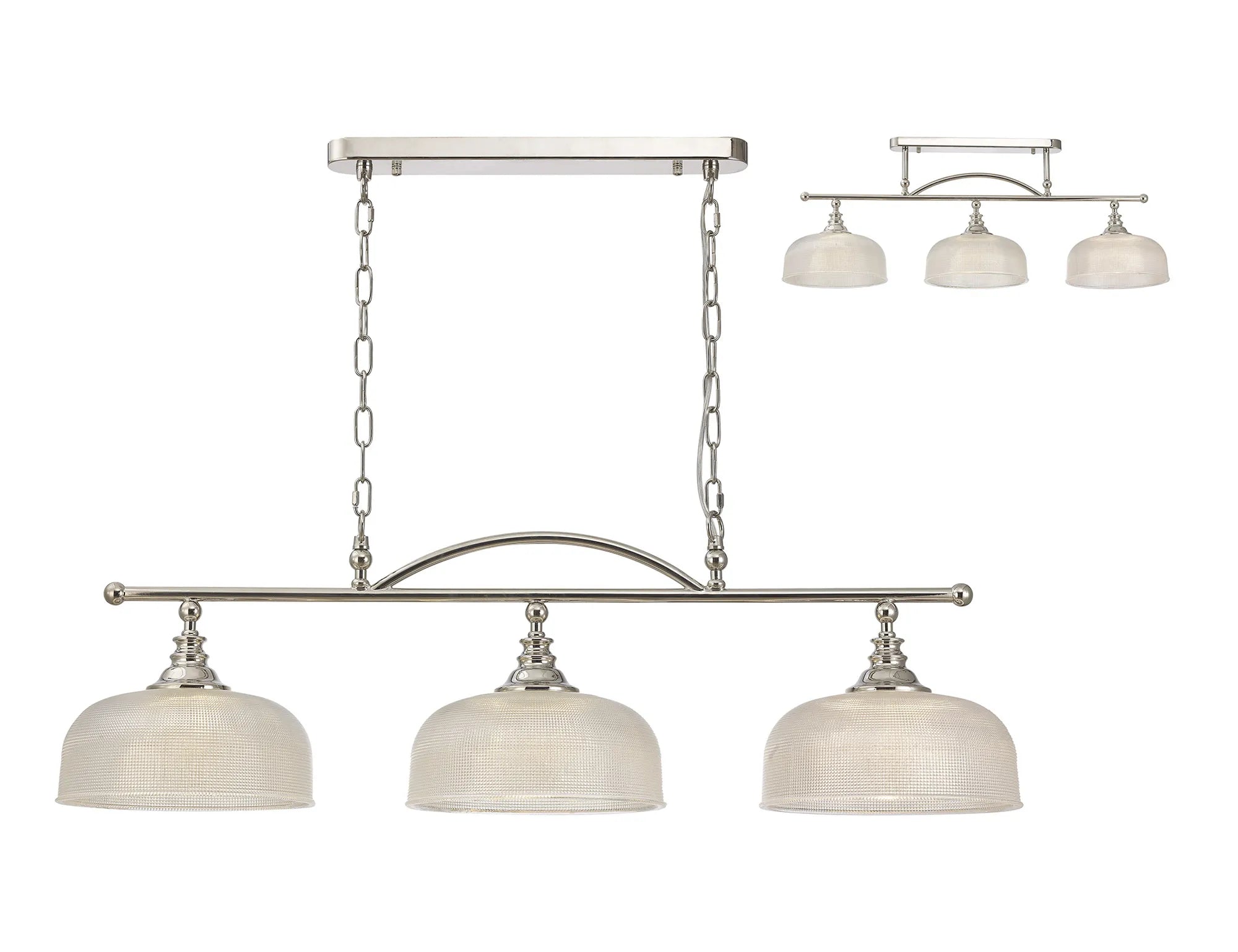 Cleron Semi Flush / Kitchen Light, 2/3 Light Adjustable E27, Satin Nickel, Polished Nickel, Antique Brass / Prismatic Glass