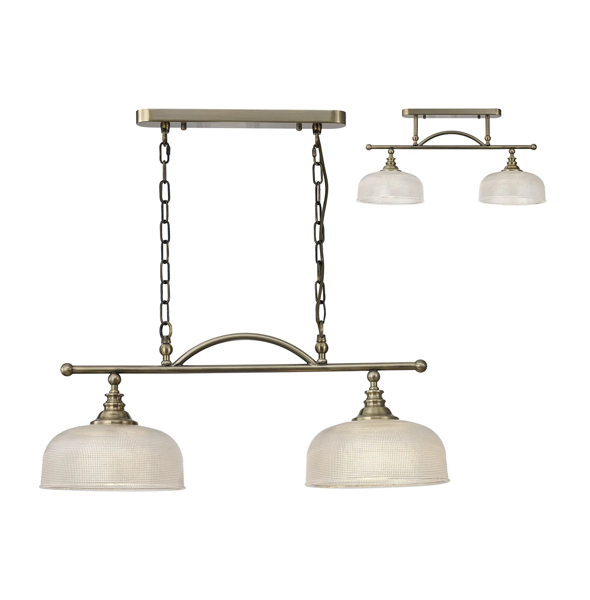 Cleron Semi Flush / Kitchen Light, 2/3 Light Adjustable E27, Satin Nickel, Polished Nickel, Antique Brass / Prismatic Glass