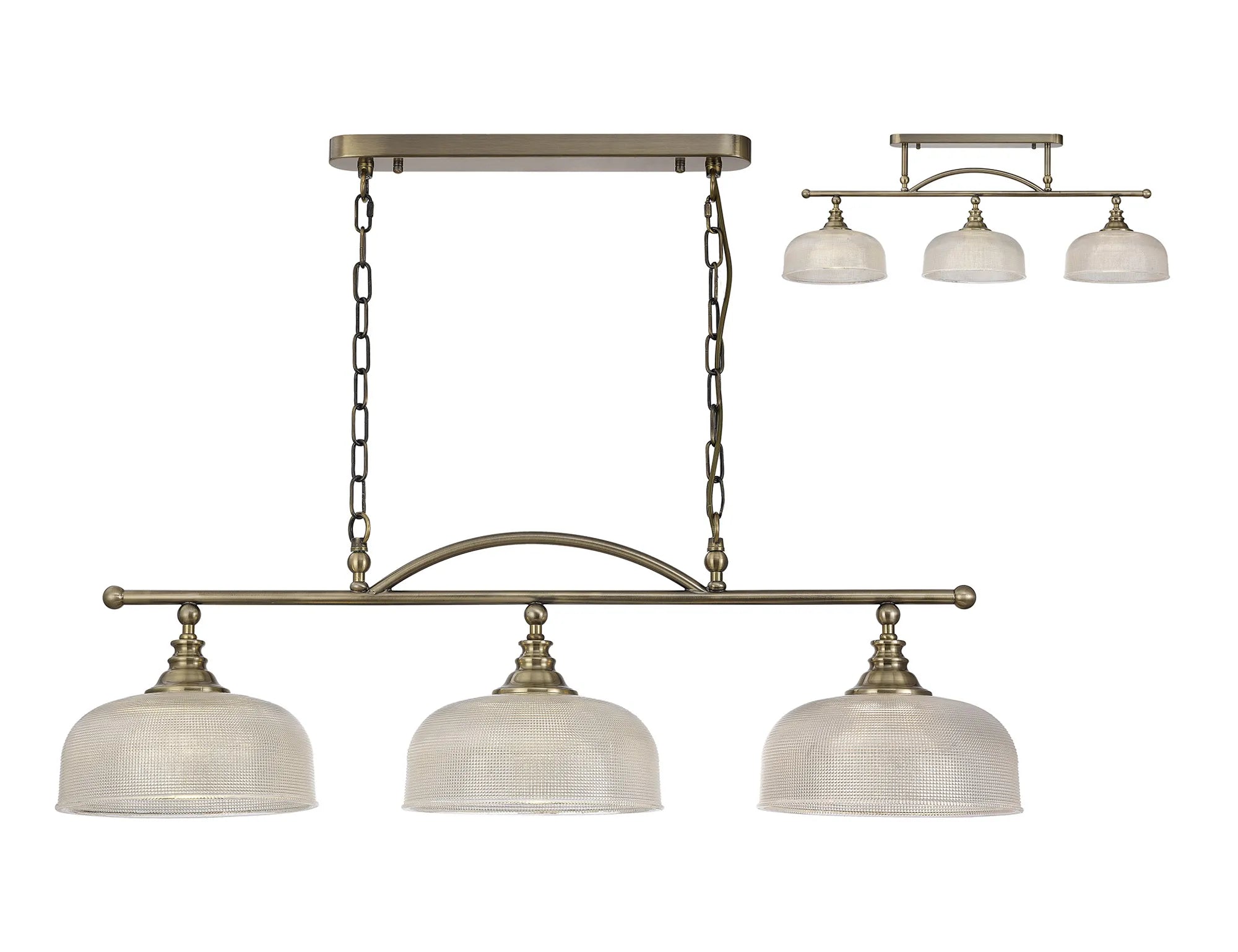 Cleron Semi Flush / Kitchen Light, 2/3 Light Adjustable E27, Satin Nickel, Polished Nickel, Antique Brass / Prismatic Glass