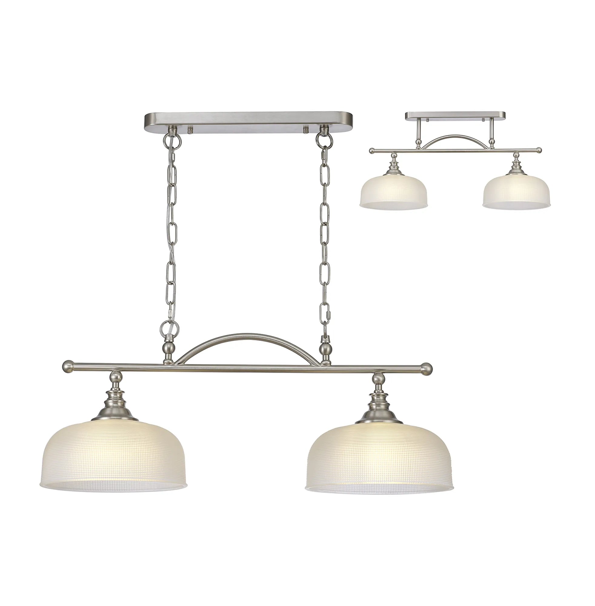 Cleron Semi Flush / Kitchen Light, 2/3 Light Adjustable E27, Satin Nickel, Polished Nickel, Antique Brass / Prismatic Glass
