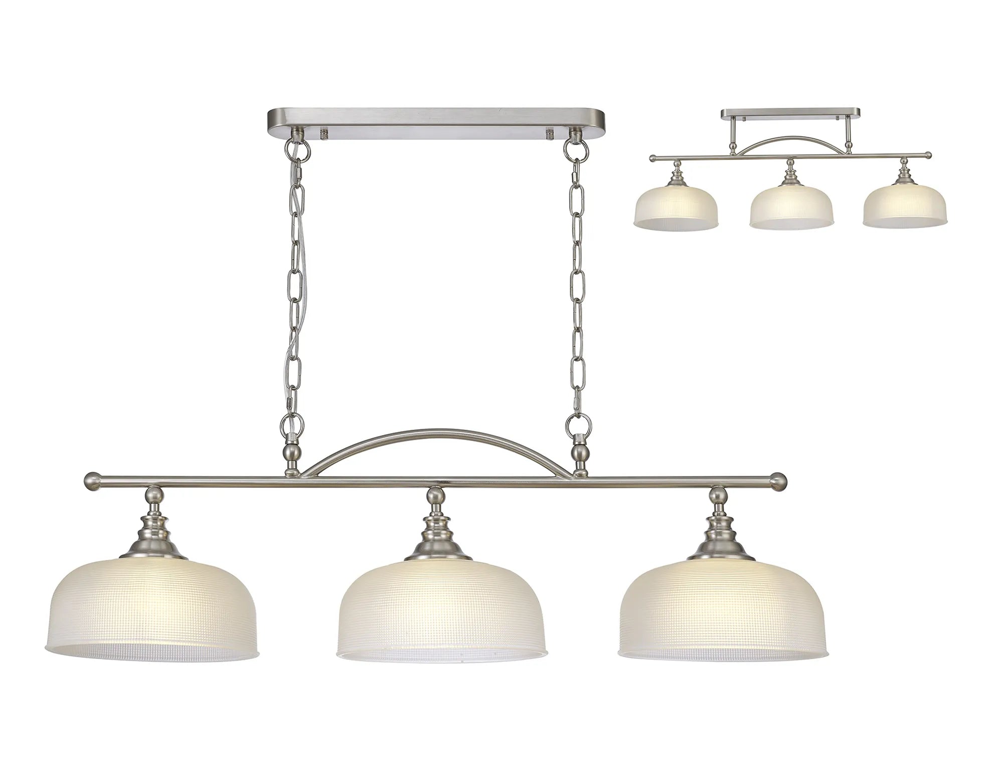 Cleron Semi Flush / Kitchen Light, 2/3 Light Adjustable E27, Satin Nickel, Polished Nickel, Antique Brass / Prismatic Glass