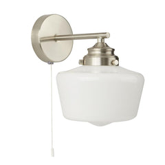 School House  Wall Light  - Satin Silver Metal & Opal Glass