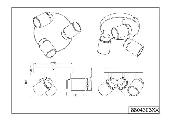 Angelo 3/Lt Plate Spotlight IP44 - Black/Chrome