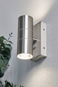 Leto 2 Light GU10 Up & Down Wall Light w Photocell Brushed Steel