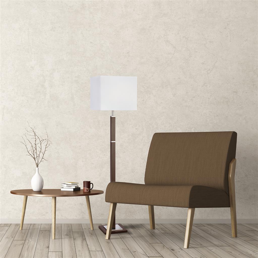 Waverley Floor Lamp- Wood, Satin Silver Metal & White Fabric E27