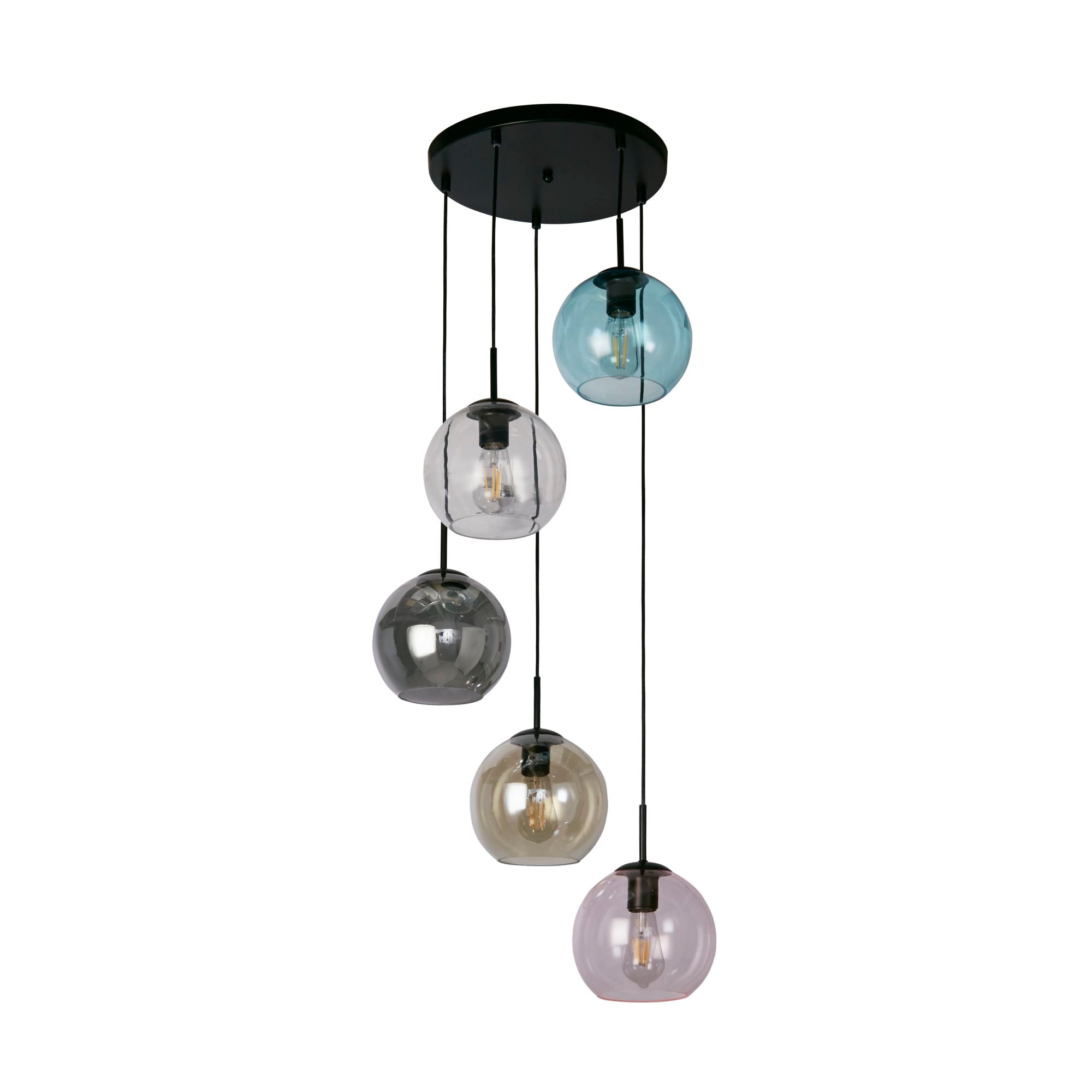 Mardi Gras II 5/8Lt Pendant - Black Metal & Coloured Glass E27