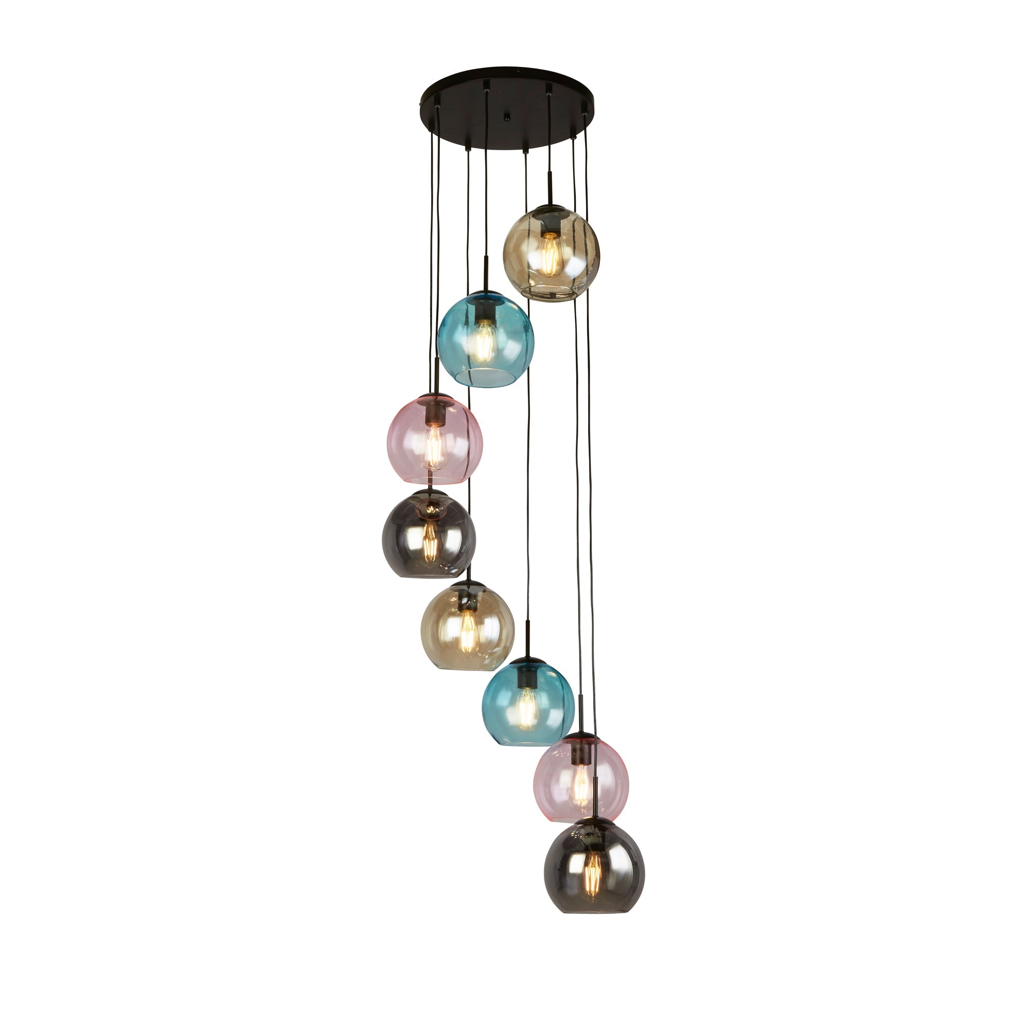 Mardi Gras II 5/8Lt Pendant - Black Metal & Coloured Glass E27