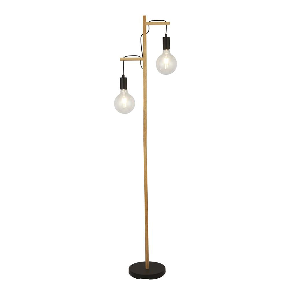 Woody 2Lt Floor Lamp - Natural Wood & Black Metal E27
