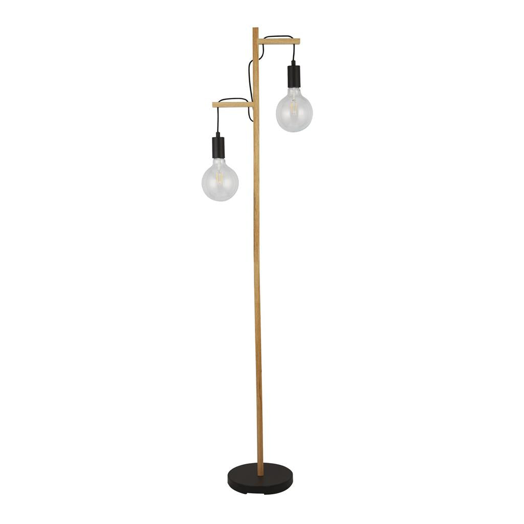 Woody 2Lt Floor Lamp - Natural Wood & Black Metal E27