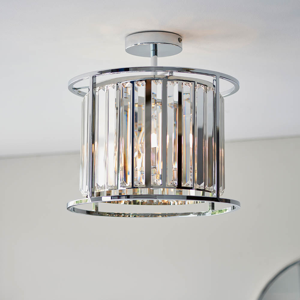 Hamlet 3Lt Semi Flush Bathroom Centre Ceiling Light IP44 - Chrome & Crystals