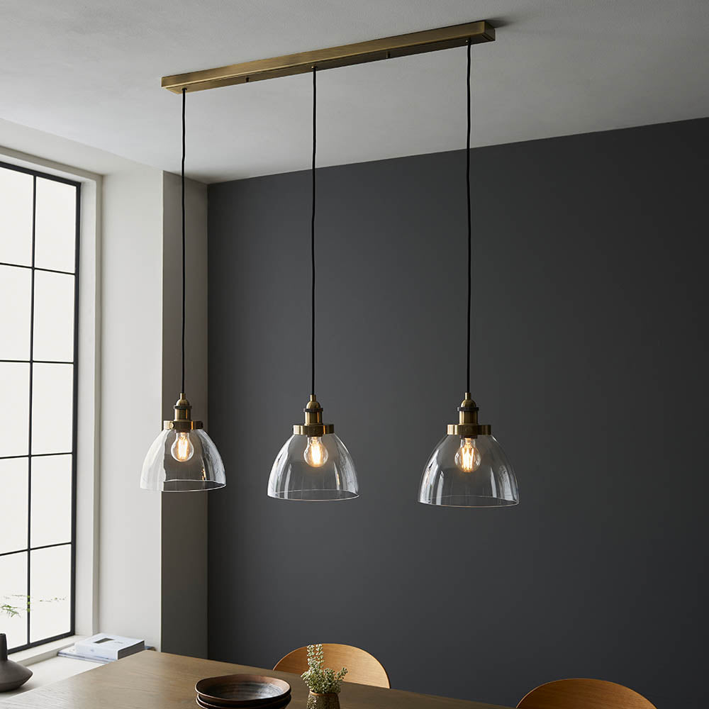 Bartley 3Lt Linear Pendant - Antique Brass & Clear Glass