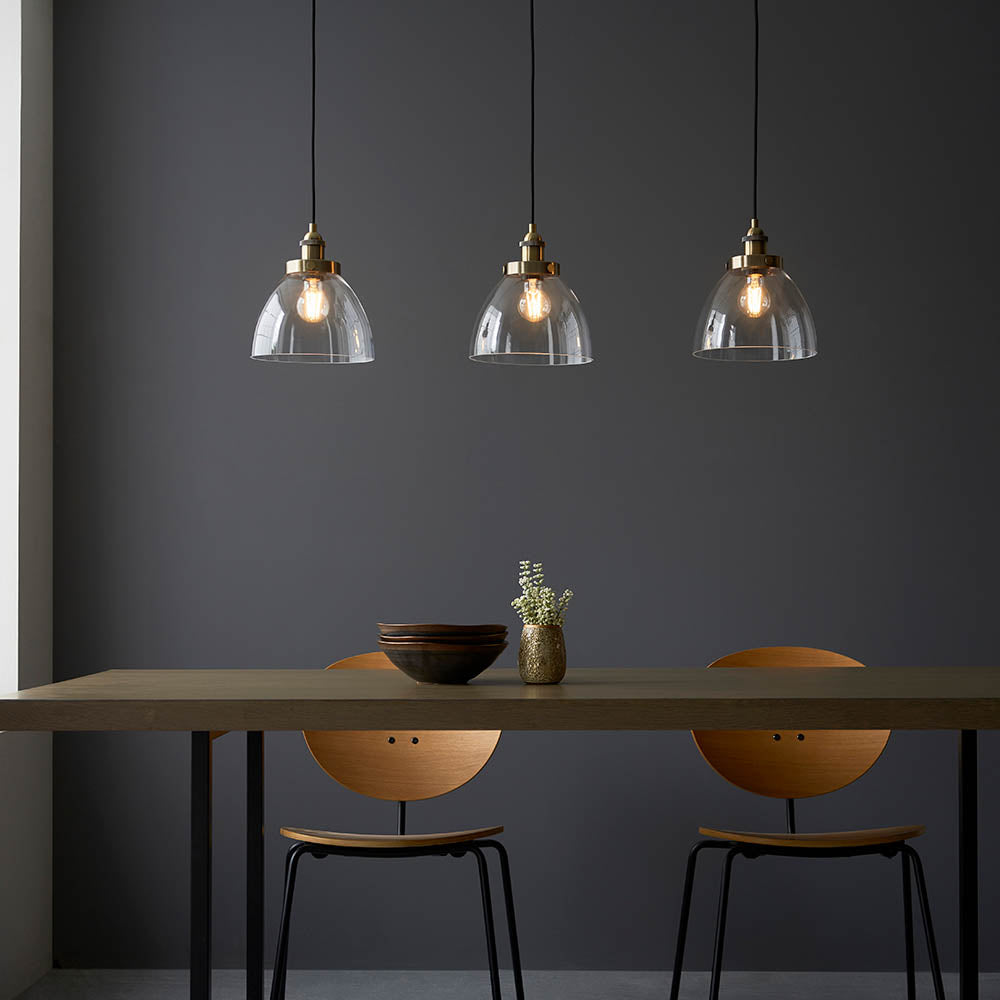Bartley 3Lt Linear Pendant - Antique Brass & Clear Glass