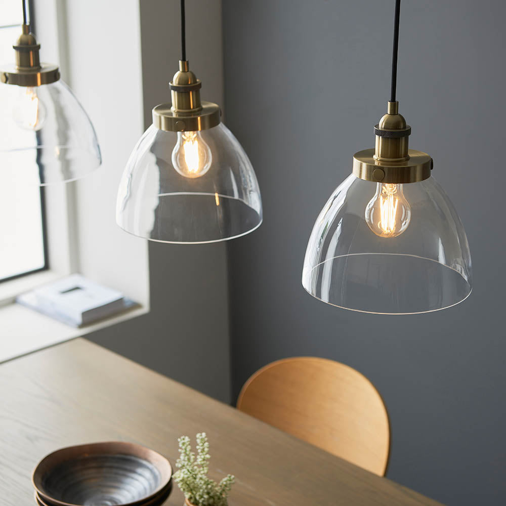 Bartley 3Lt Linear Pendant - Antique Brass & Clear Glass