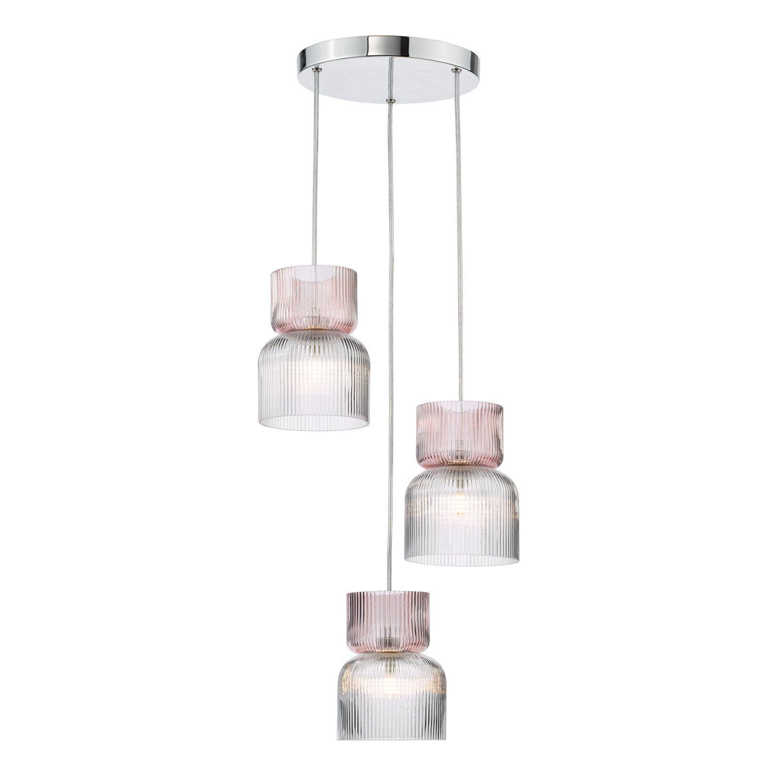 Auberta 3 Light Cluster Pendant Polished Chrome and Pink Ribbed Glass G9