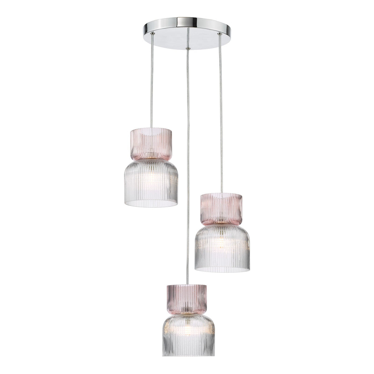 Auberta 3 Light Cluster Pendant Polished Chrome and Pink Ribbed Glass G9