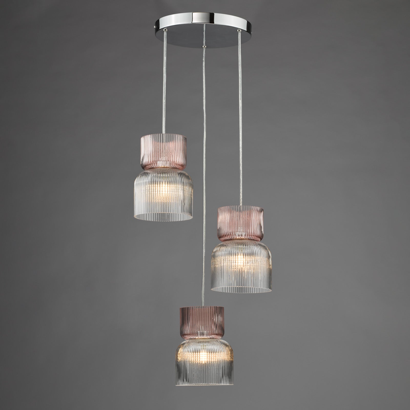 Auberta 3 Light Cluster Pendant Polished Chrome and Pink Ribbed Glass G9