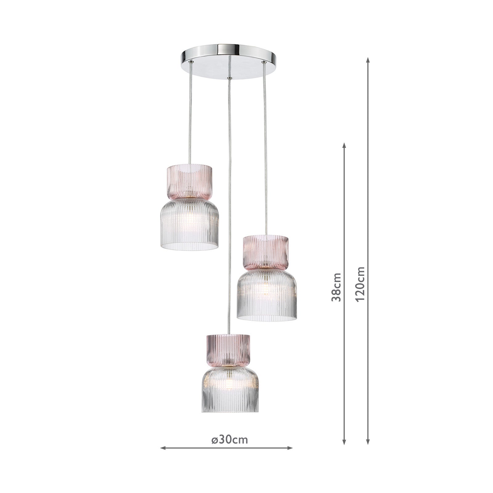 Auberta 3 Light Cluster Pendant Polished Chrome and Pink Ribbed Glass G9