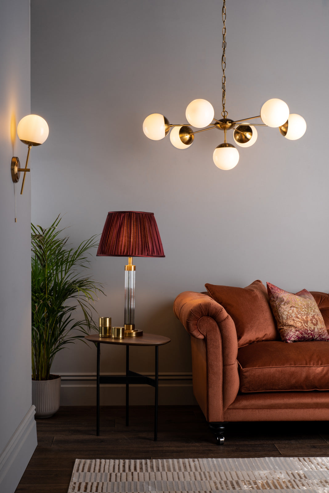Bombazine 7Lt Centre Ceiling Fitting Natural Brass & White Opal Glass