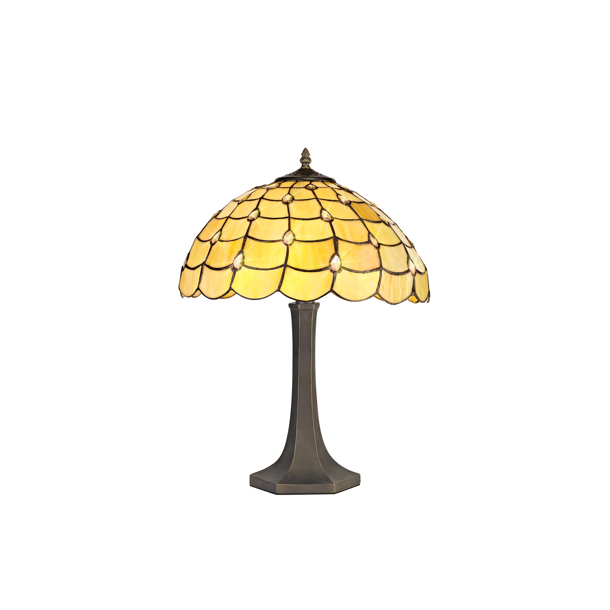 Aero 2 Light Curved/Octagonal Table Lamp E27 With 40cm Tiffany Shade, Beige/Clear Crystal/Aged Antique Brass