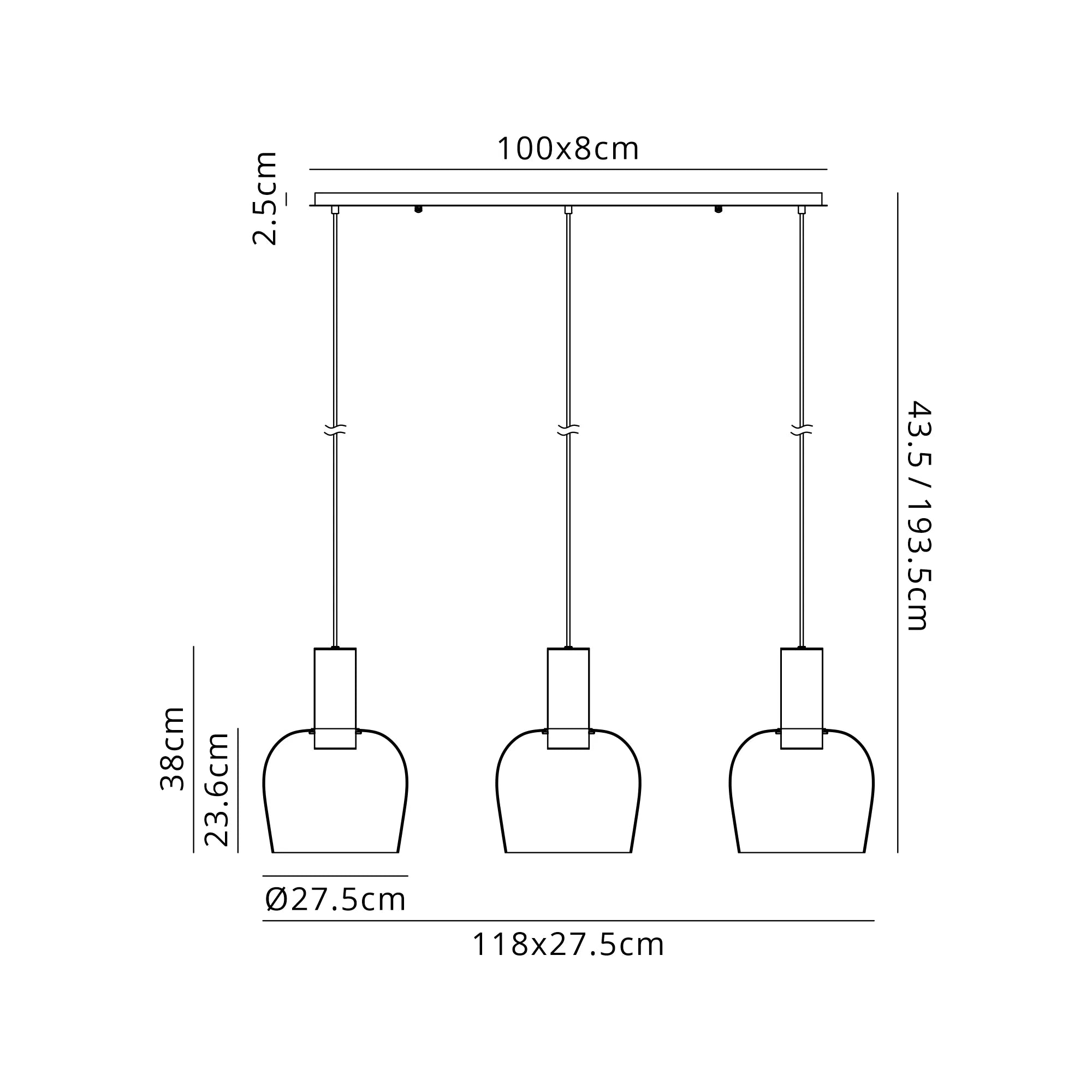 Camden 3Lt Linear Pendant- Various Sizes & Finishes