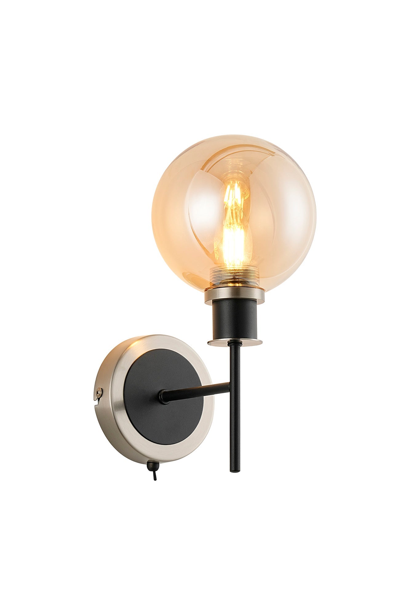 Cassie Switched Wall Light E14 With 15cm Round Glass Shade, Brass/Satin Nickel Finish