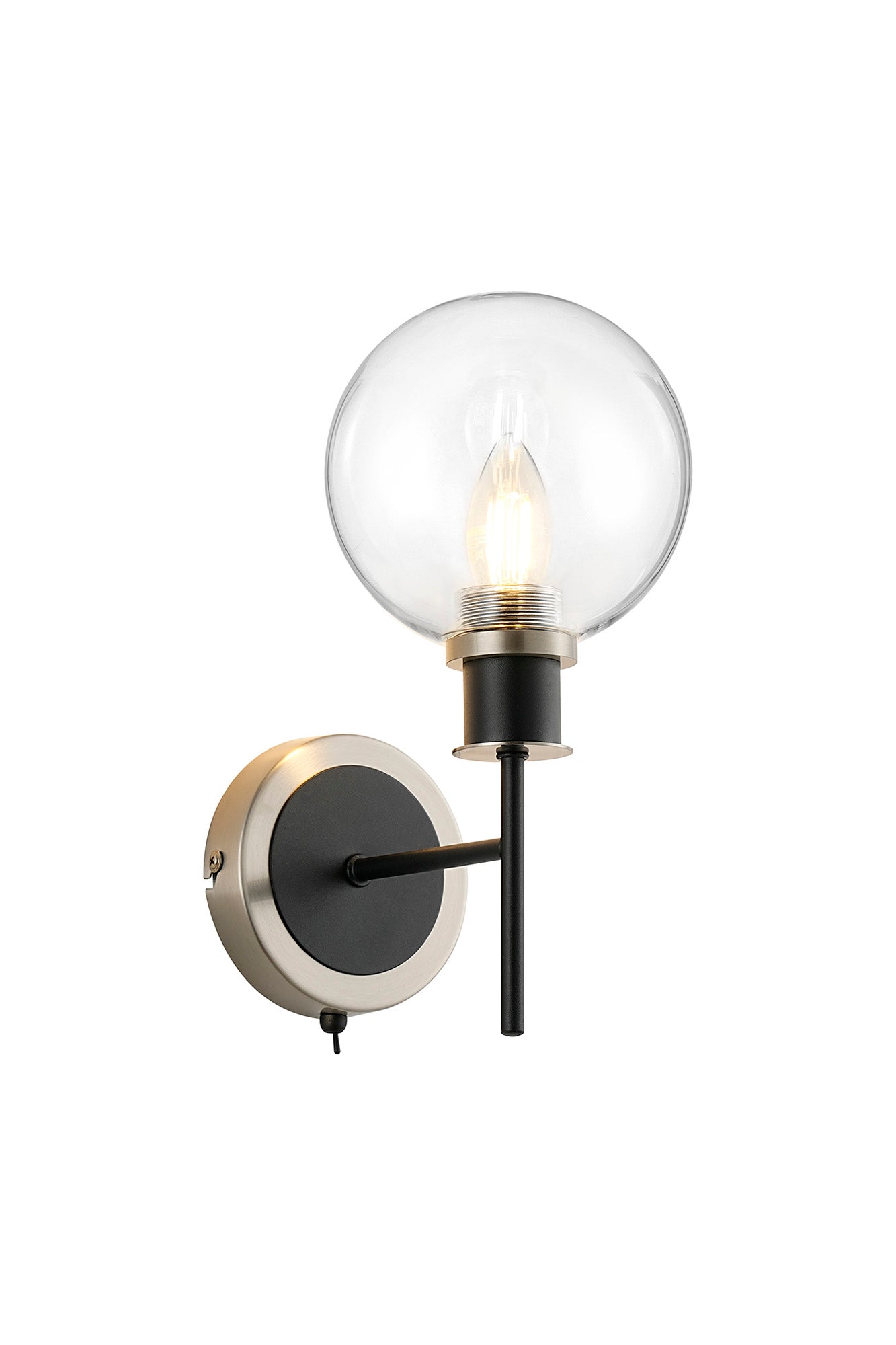 Cassie Switched Wall Light E14 With 15cm Round Glass Shade, Brass/Satin Nickel Finish