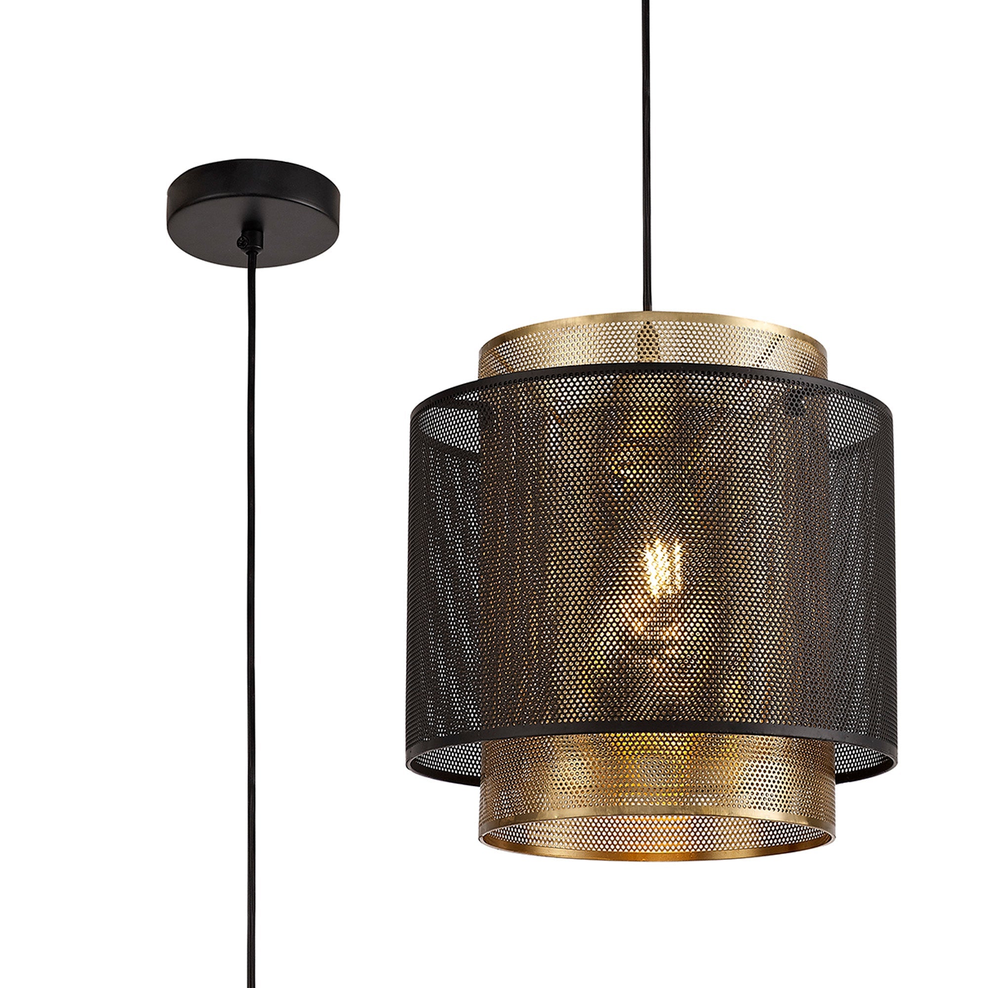 Lasso Single Small/Large Pendant, 1 Light Adjustable E27, Matt Black/Satin Gold