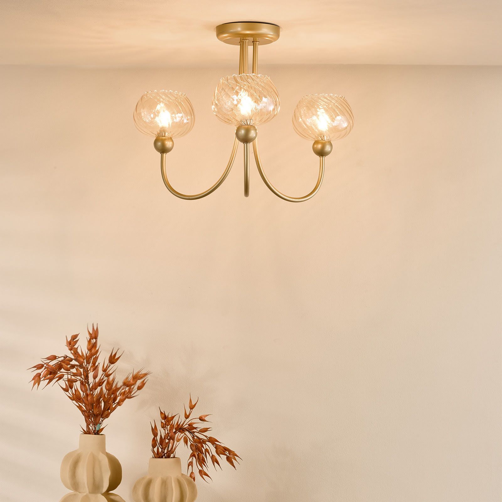 Cognac  3Lt/ 5Lt Semi-Flush Ceiling Light- Satin Gold and Champagne Ribbed Glass Finish