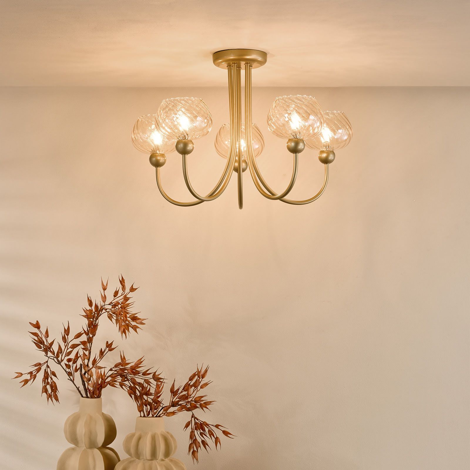 Cognac  3Lt/ 5Lt Semi-Flush Ceiling Light- Satin Gold and Champagne Ribbed Glass Finish