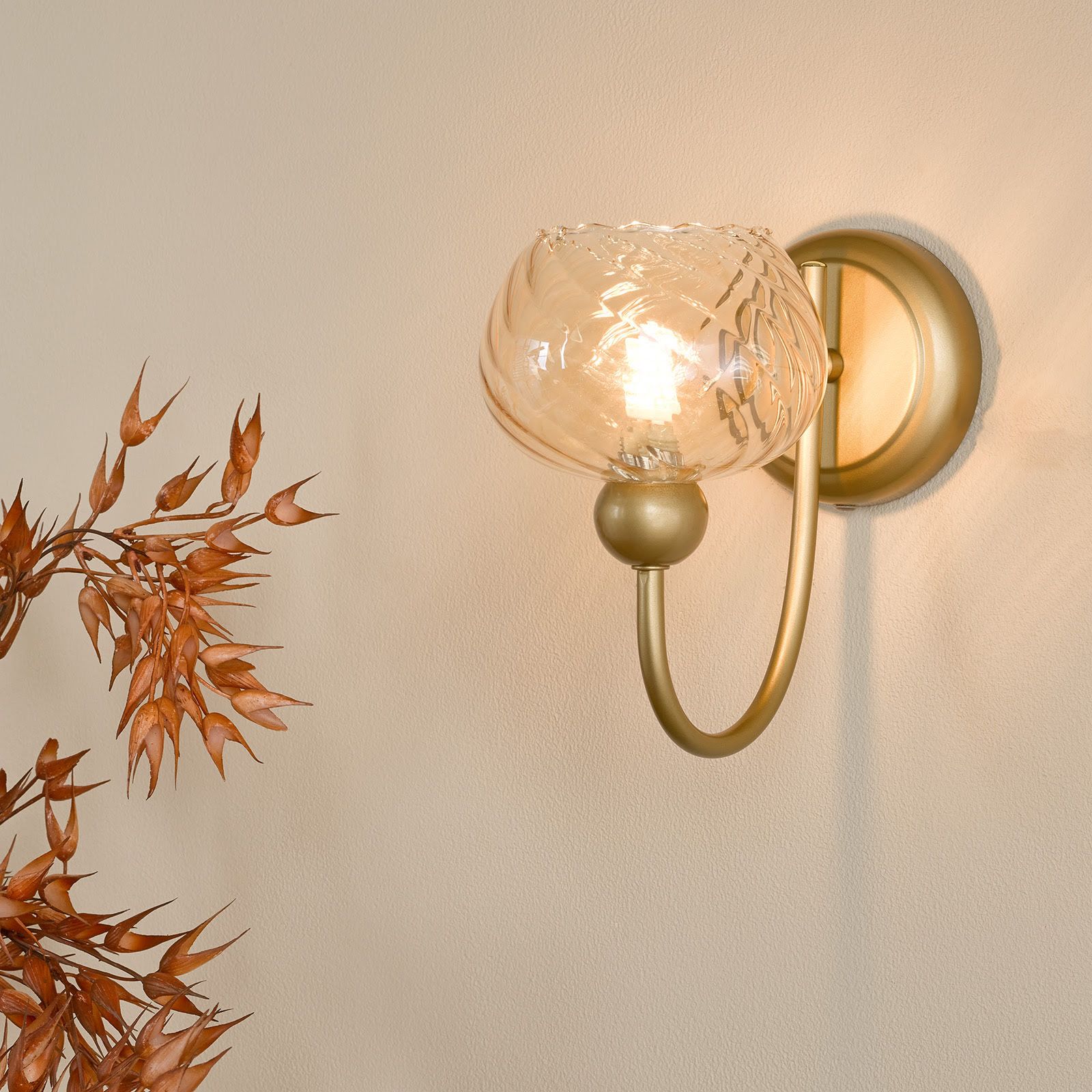 Cognac Wall Light- Satin Gold and Champagne Ribbed Glass