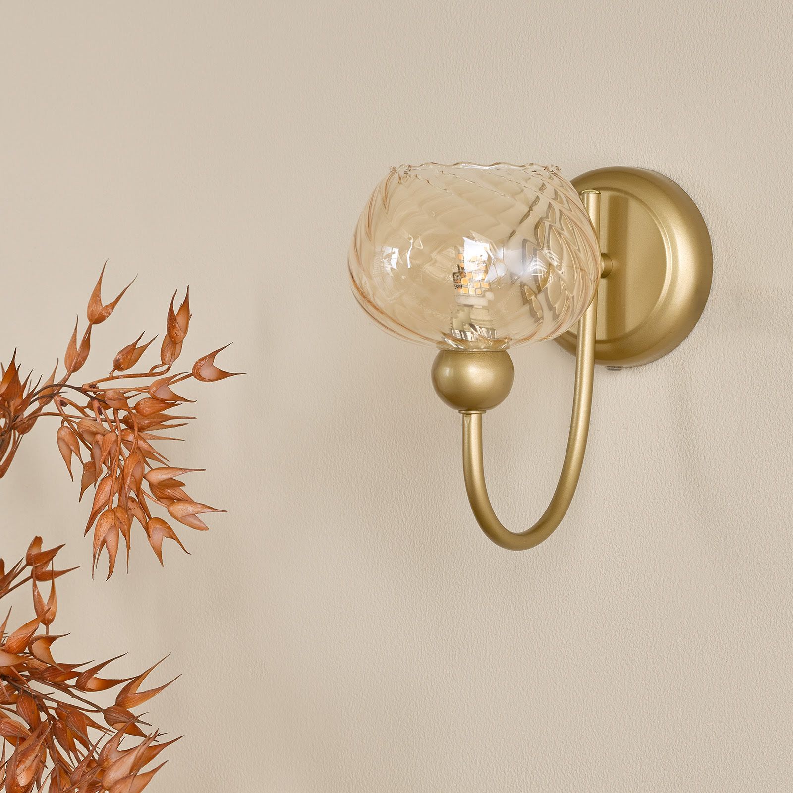 Cognac Wall Light- Satin Gold and Champagne Ribbed Glass
