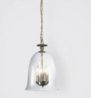 Bell 3Lt Light Clear Glass Pendant Antique Brass