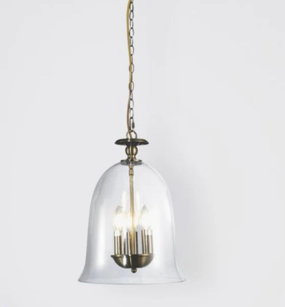Bell 3Lt Light Clear Glass Pendant Antique Brass