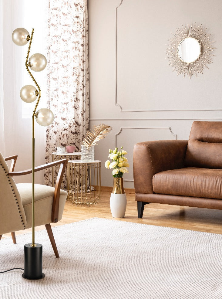 Stellar Floor Lamp Antique Gold With Amber Glass