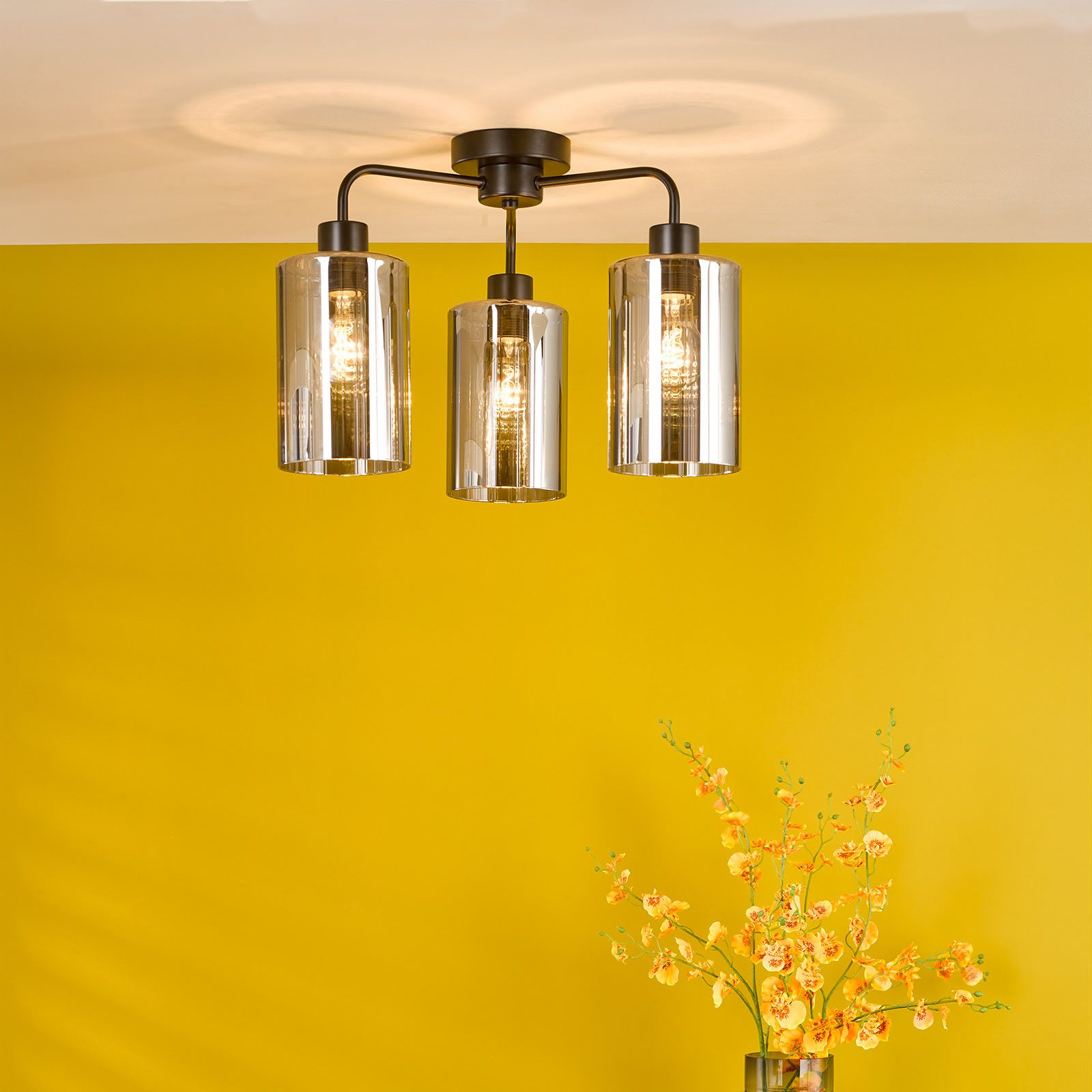 Daylin 3 Light Semi-Flush- Satin Black/ Satin Gold w  Ribbed Glass