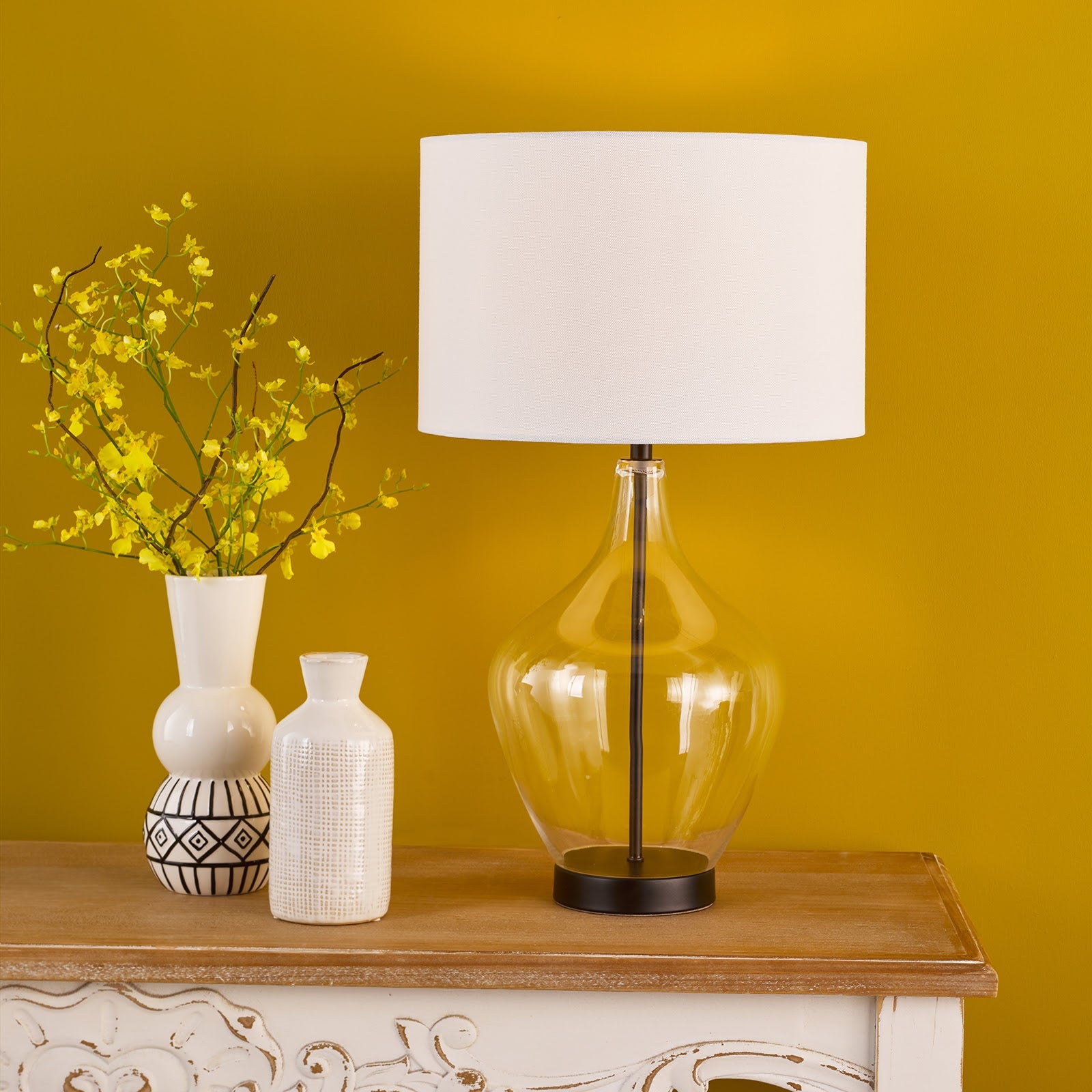 Drago Table Lamp Glass and Matt Black With Shade E27