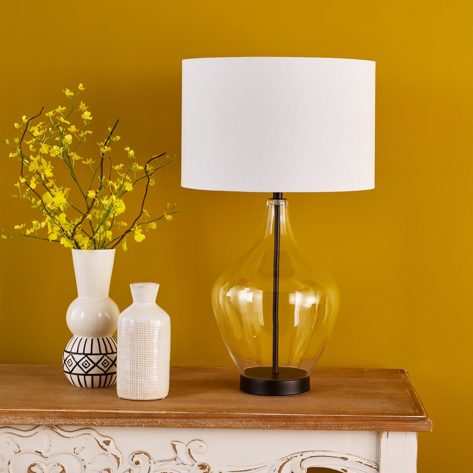 Drago Table Lamp Glass and Matt Black With Shade E27