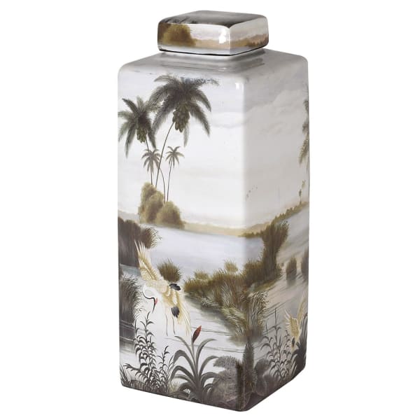 Large Ceramic Palm Tree and Heron Lidded Jar - Christmas Gift