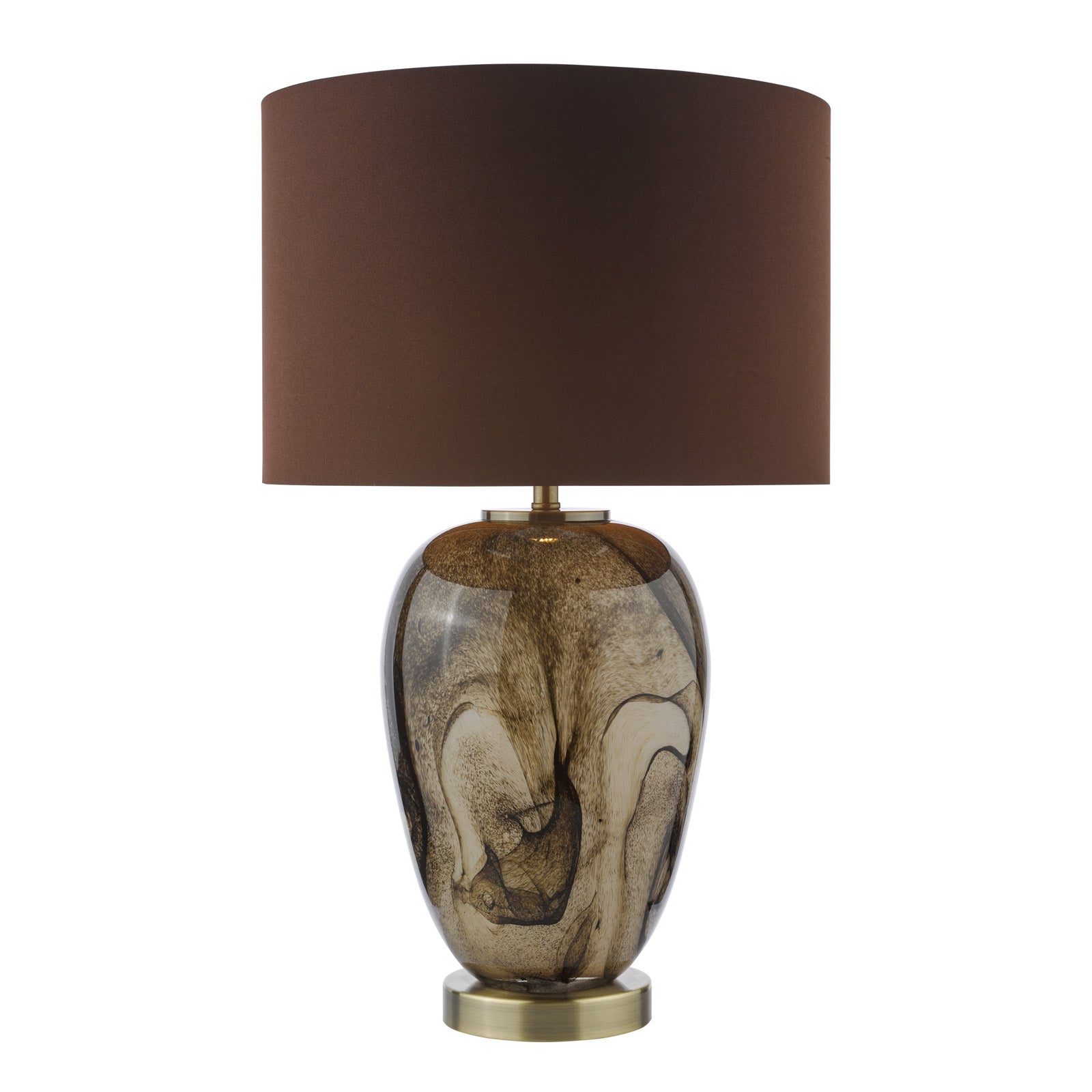 Egas Table Lamp Brown Marble Effect Glass and Antique Brass With Shade E27